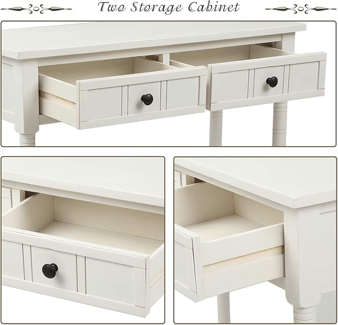 Knocbel 35.5 Inch Antique Entry Console Table with Drawers & Bottom Open Shelf, Solid Wood Sofa Couch Table for Entryway Hallway Living Room (Ivory White)