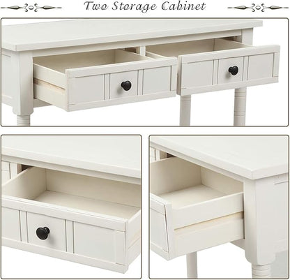 Knocbel 35.5 Inch Antique Entry Console Table with Drawers & Bottom Open Shelf, Solid Wood Sofa Couch Table for Entryway Hallway Living Room (Ivory White)