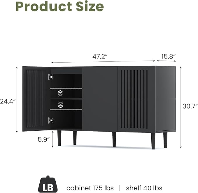 Storage Cabinet, 47.2" Freestanding Buffet Cabinet with 3 DIY Doors and Adjustable Shelf,Modern Sideboard Buffet Cabinet for Living Room,Dining Room,Kitchen,Hallway, Black