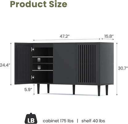 Storage Cabinet, 47.2" Freestanding Buffet Cabinet with 3 DIY Doors and Adjustable Shelf,Modern Sideboard Buffet Cabinet for Living Room,Dining Room,Kitchen,Hallway, Black