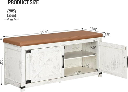 Shoe Storage Bench, 2 Tier Shoe Bench with Padded Seat Cushion & 2 Barn Doors, Entryway Bench with Adjustable Shelf, Farmhouse Shoe Cabinet for Living Room, Bedroom, Antique White SB26614KA