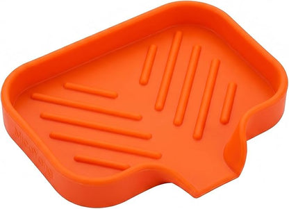 MicoYang Silicone Soap Dish with Drain Spout, Self-Draining Sink Organizer Tray for Bathroom and Kitchen, Sponges, Dispensers and Soap Holder, Non-Slip and Dishwasher Safe, Orange (Compact, 4.9"×3.2")