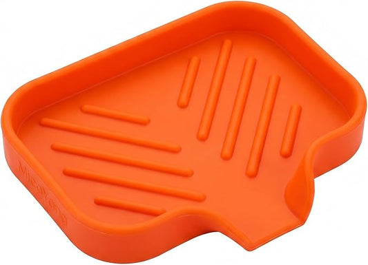 MicoYang Silicone Soap Dish with Drain Spout, Self-Draining Sink Organizer Tray for Bathroom and Kitchen, Sponges, Dispensers and Soap Holder, Non-Slip and Dishwasher Safe, Orange (Compact, 4.9"×3.2")