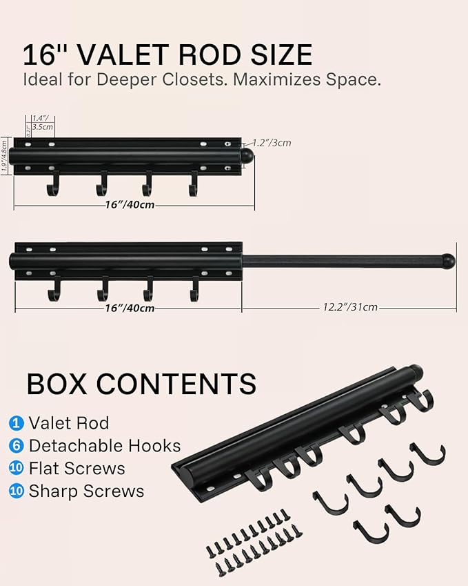 16 inch Valet Rod for Deeper Closet Pull Out, Closet Valet Rod Slide Out Pull Out Clothes Hanger With 6 Hooks Closet Organization and Storage (Black)