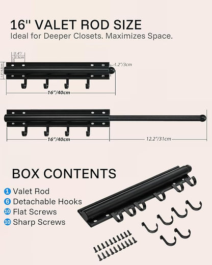 16 inch Valet Rod for Deeper Closet Pull Out, Closet Valet Rod Slide Out Pull Out Clothes Hanger With 6 Hooks Closet Organization and Storage (Black)