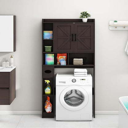 Over The Toilet Storage Cabinet, Farmhouse Storage Cabinet Over Toilet with 2 Barn Door & Toilet Paper Holder Stand, Home Space-Saving Toilet Rack, for Bathroom, Restroom (Black)