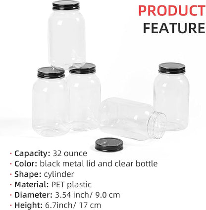 OMNISAFE 32 Ounce Clear Plastic Mason Jars With Screw On Lid, Reusable Empty Jars for Food Storage, Round BPA Free Containers for Sealing, Dry Food, Snacks, Candies, Breakage-proof, (Black - 12 Pack)