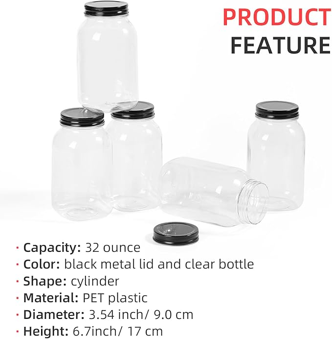 OMNISAFE 32 Ounce Clear Plastic Mason Jars With Screw On Lid, Reusable Empty Jars for Food Storage, Round BPA Free Containers for Sealing, Dry Food, Snacks, Candies, Breakage-proof, (Black - 6 Pack)
