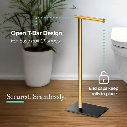 Gatco 1431MXB Modern Rectangle Base Freestanding Toilet Paper Holder, Matte Black/Brushed Brass, Weighted Base, 21.25" Bathroom Tissue Stand