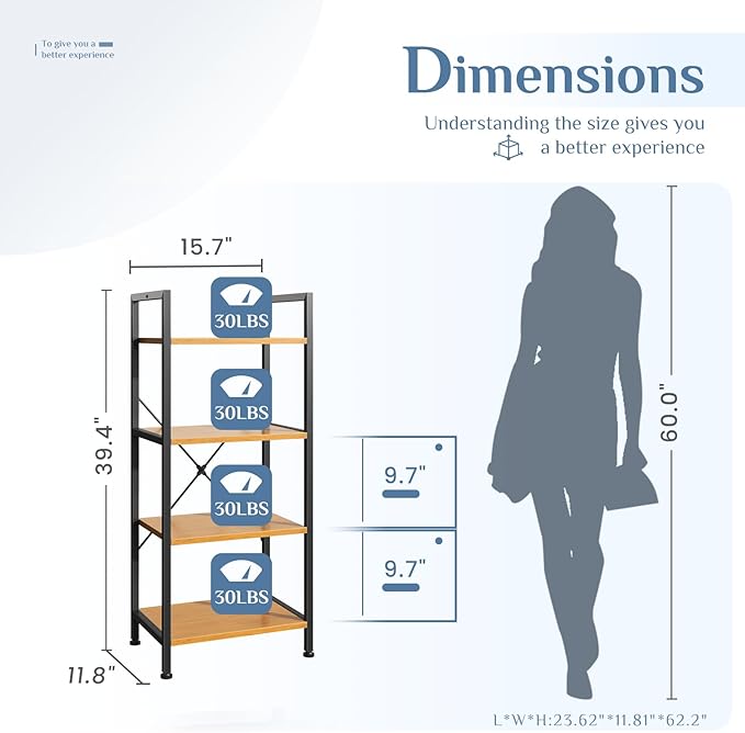 DUMOS 4 Tiers Bookshelf, Classical Book Shelf, Tall Display Shelves in Living Room/Home/Office, Storage Organizer for CDs/Books/Movies, Wood