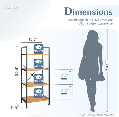 DUMOS 4 Tiers Bookshelf, Classical Book Shelf, Tall Display Shelves in Living Room/Home/Office, Storage Organizer for CDs/Books/Movies, Wood