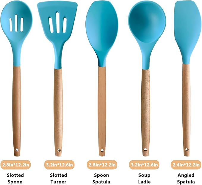 IOCBYHZ Silicone Kitchen Cooking Utensils Set, 5-Piece Non-Stick Silicone Kitchen Utensils Spatula Serving Spoons Turner Ladle Set w Wooden Handle Heat Resistant Cooking Gadgets for Nonstick Cookware