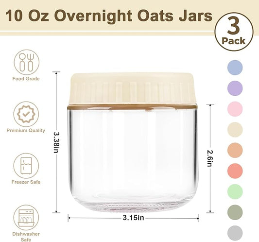 Overnight Oats Containers with Lids, 10oz Wide Mouth Mason Jars with Lids, 3 Pack Glass Jars with Airtight lid for Chia Pudding Yogurt Salad, Meal Prer Oatmeal Jars, Yellow