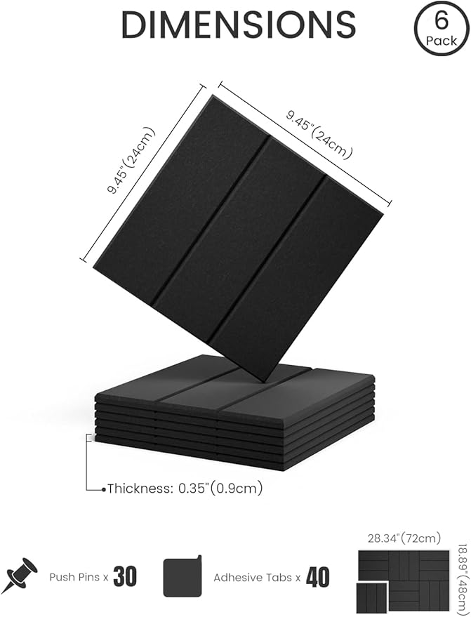 Fluxynara Felt Bulletin Board Tiles -28"x18" with 40 Adhesive Tabs, Cork Board Alternative for Office Decor, Push Pin Board Wall Organizer 6-Pack(Black)