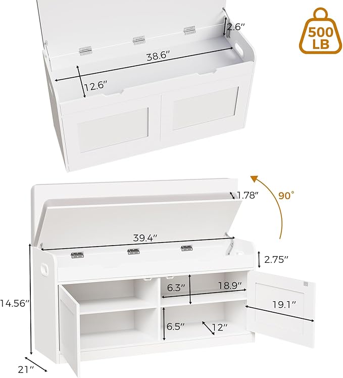 BEWISHOME Shoe Bench with Lift Top Storage, 2-Tier Storage Bench with Adjustable Shelf, Entryway Bench with Padded Seat Cushion, Wooden Shoe Organizer for Entryway Living Room Bedroom Hallway White