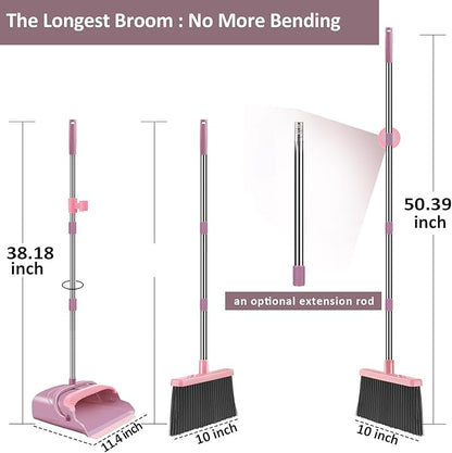 Broom and Dustpan Set for Home, Office, Indoor&Outdoor Sweeping, Stand Up Broom and Dustpan (Pink)