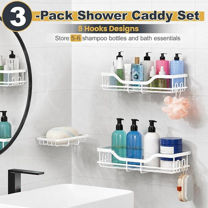 OMAIRA 3-Pack Shower Caddy with Soap Holder, Adhesive Rustproof No-drill Strudy Loading Inside Shower Organizer Shelves Rack Storage Bathroom Organization for Smooth Wall Glass Tile, White (Large)