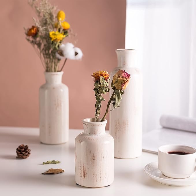Ceramic Vase Set - 3 Small Vases,KAYLYNN Ceramic Vases for Rustic Home Decor, Living Room Decor, Table Décor, Bookshelf, Mantel Decor, Vases for Centerpieces, Vases for Flowers, Decorative