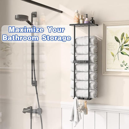 2-Tier Wall-Mounted Towel Rack with Hooks & Shelf, Black Metal Towel Holder for Small Bathrooms (Standard Version)