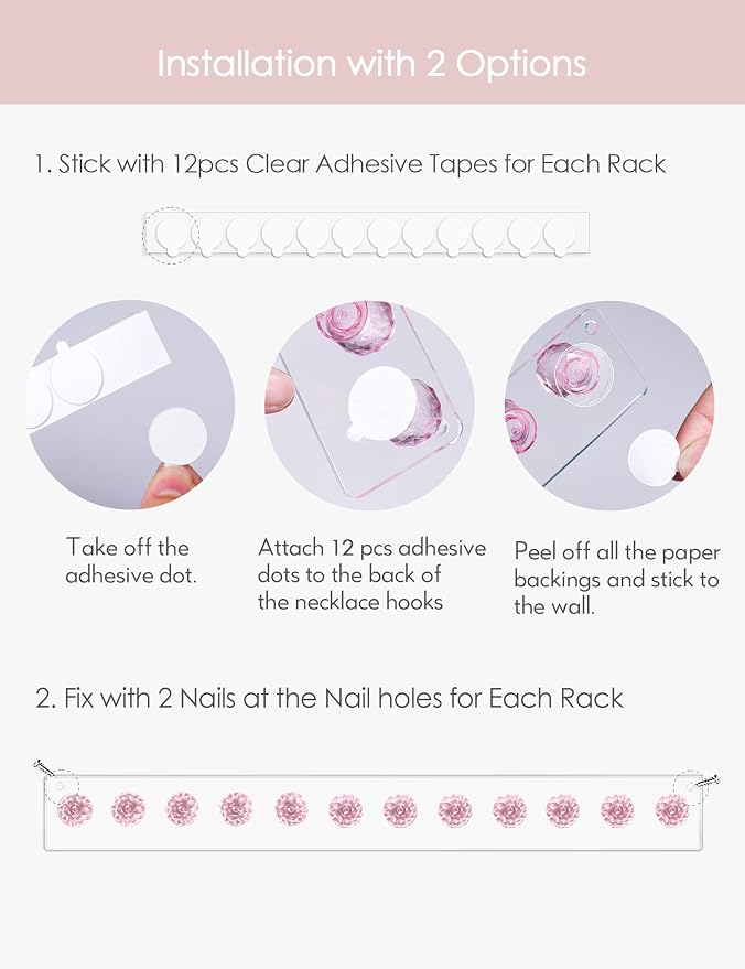 Heesch Necklace Holder Pink, Acrylic Necklace Hanger Wall Mount, Hanging Necklace Organizer, Jewelry Hooks for Necklaces, Bracelets, Chains (2-pack Pink)