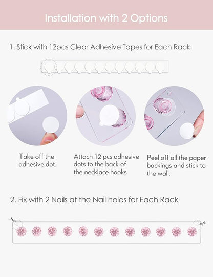 Heesch Necklace Holder Pink, Acrylic Necklace Hanger Wall Mount, Hanging Necklace Organizer, Jewelry Hooks for Necklaces, Bracelets, Chains (2-pack Pink)
