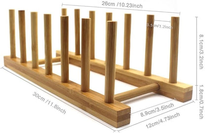 INNERNEED Bamboo Wooden Dish Rack, Vertical Plate & Lid Organizer for Kitchen Cabinet or Countertop, Drying Stand for Dishes, Cutting Boards