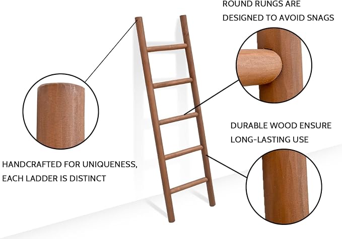FUIN Fully Assembled 57in Wood Blanket Ladder Living Room Decorative Wall Leaning Farmhouse Quilt Display Holder Rustic Wooden Towel Rack for Bathroom, Dark Brown