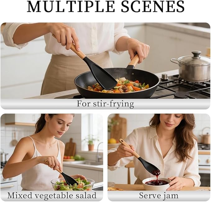 Cooking Spoon for Nonstick Cookwares, Great for Cooking and Serving Sturdy BPA-Free Matte Silicone, Wood Handle Spoon for Mixing, Scoop, and Scrape (Black+White)