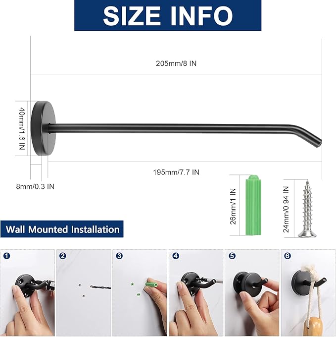NearMoon Coat Hooks, Wall Mount Hooks for Hanging Hat Hurse Robe, 304 Stainless Steel Heavy Duty Towel Hangers for Bathroom Livingroom Hotel Kitchen Garage, 6 Pack (8 Inch, Matte Black)