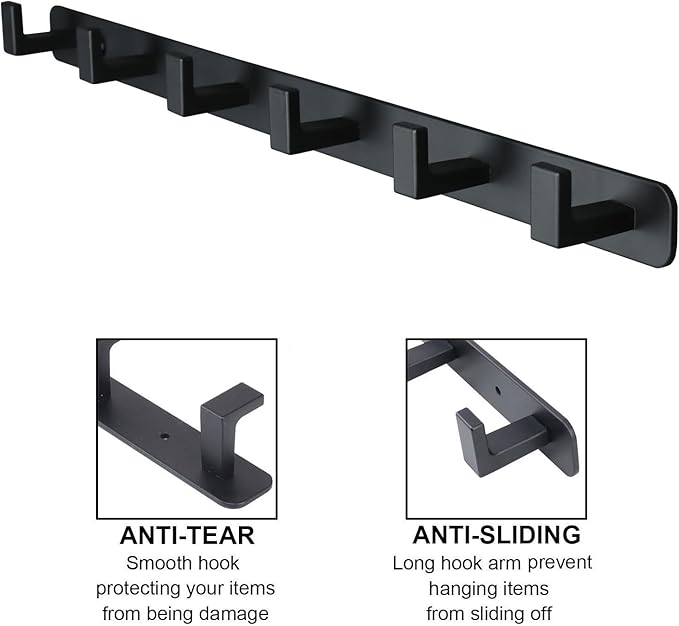 Coat Rack, Heavy Duty Stainless Steel 6 Tri Coat Hook Hanger, Wall Mounted Storage Wall Hooks, Rustic Clothes Hook/Key Hook Rail for Bathroom Kitchen Entryway(6 Hook Black)