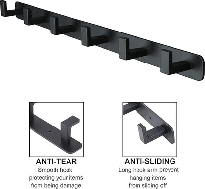 Coat Rack, Heavy Duty Stainless Steel 6 Tri Coat Hook Hanger, Wall Mounted Wall Hooks, Rustic Clothes Hook/Key Hook Rail for Bathroom Kitchen Entryway(2 Pack, 6 Hook Black)