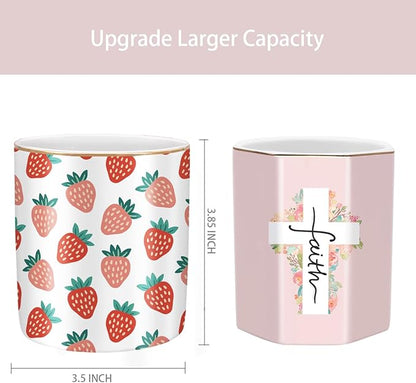 WAVEYU Pencil Holder for Desk, Ceramic Pencil Pens Cup Cute Makeup Brush Holder, Unique Desk Multifunctional Pen Organizer for Home, Office, Strawberries Pattern