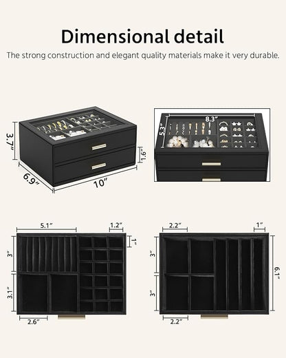 AKOZLIN Jewelry Box with Clear Lid Functional Leather Jewelry Storage Organizer Case 2 Drawers for Women Girls Necklace Ring Bracelet Earring