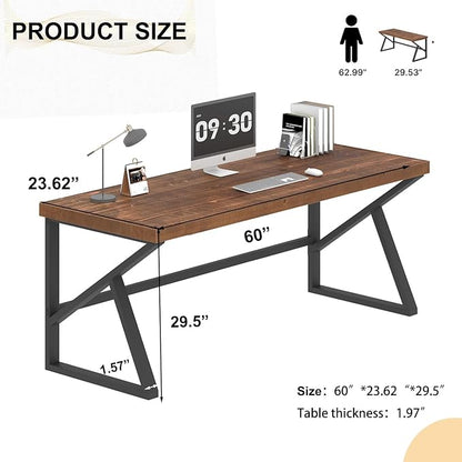 IBF Solid Real Wood Desk, Minimalist 60” Natural Wood Computer Desk, Rustic Desk for Home Office Writing Study, Vintage Industrial Wooden PC Gaming Workstation Computer Table, Brown, 60 Inch