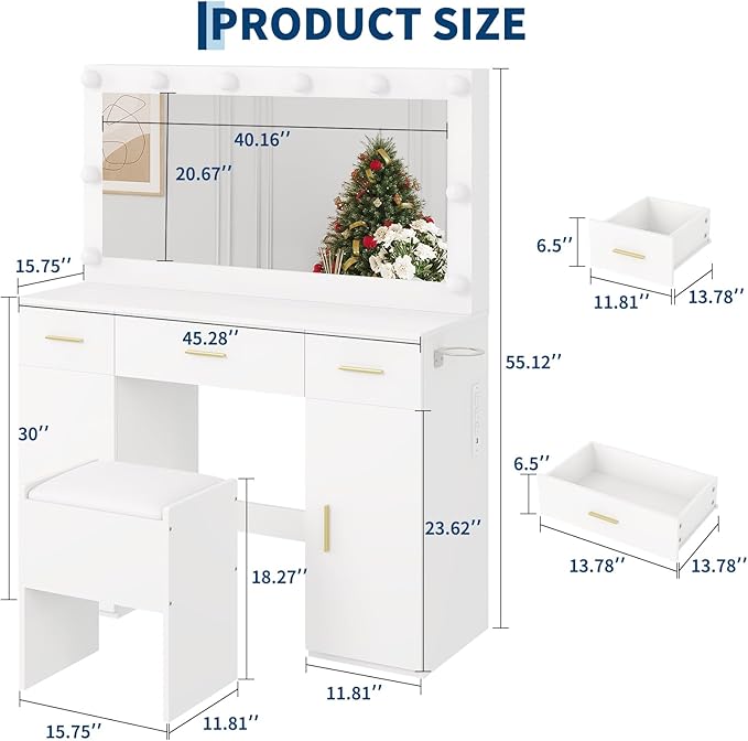 IDEALHOUSE Makeup Vanity Desk with Mirror and Lights, Modern White Vanity Table with Drawers, Charging Station & Storage Stool, Wood Make Up Vanity Set for Bedroom Apartment