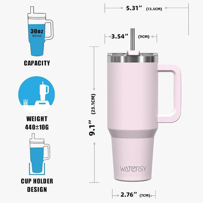 30 oz Tumbler with Handle,Tumbler with Lid and Straw,Double Wall Insulated Cup Stainless Steel Travel Mug(Cold for 34 Hours),Water Bottle for Iced Tea,Coffee,Cold Beverages(Rose Quartz)