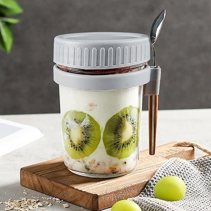 Overnight Oats Container - Yogurt Oatmeal Glass Canning with Lids and Spoon, 10 oz Cereals, Milk, Fruit Salad, with Measurement Marks (grey)