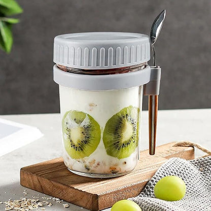 Overnight Oats Container - Yogurt Oatmeal Glass Canning with Lids and Spoon, 10 oz Cereals, Milk, Fruit Salad, with Measurement Marks (grey)