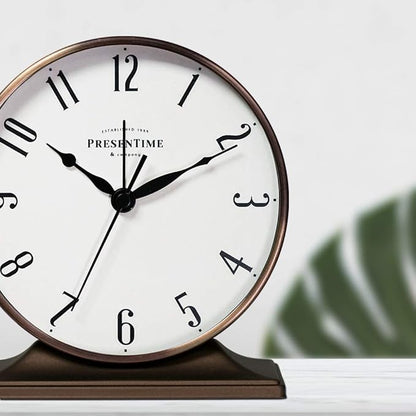 Presentime & Co Lewis Mantel Alarm Clock, Desk and Shelf Clock, Tabletop Decoration, 5.5 x 5 inch, Silent no Ticking, Metal Base, Bronze Finish, Arabic Numeral