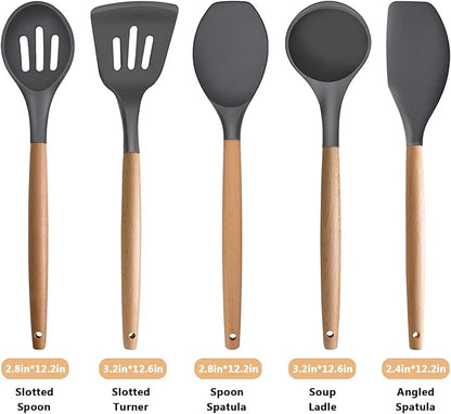 IOCBYHZ Silicone Cooking Utensils Set 5-Piece Non-Stick Kitchen Utensil Set, Wood Handle Heat Resistant Spatula Spoon Turner Soup Ladle Silicone Cooking Kitchen Gadgets BPA Free for Nonstick Cookware