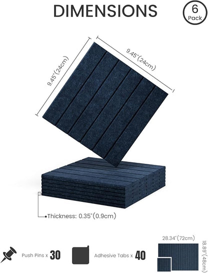 Fluxynara Felt Bulletin Board Tiles -28"x18" with 40 Adhesive Tabs, Cork Board Alternative for Office Decor, Push Pin Board Wall Organizer 6-Pack (Carbon Blue)