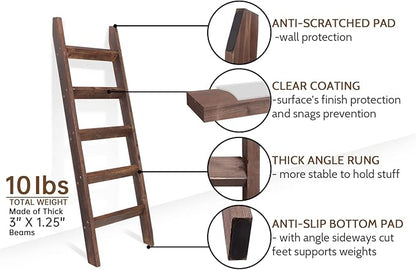 FUIN 5ft (58") Wood Blanket Ladder Living Room Decorative Wall Leaning Farmhouse Quilt Display Holder Rustic Wooden Towel Rack for Bathroom, Brown
