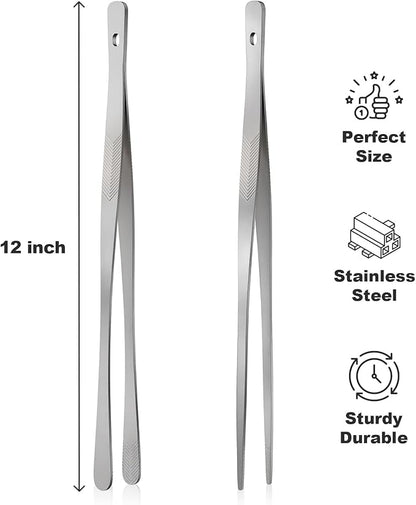 Vaincre 4PCS Kitchen Tongs Tweezers for Cooking, 12" Metal Kitchen Utensils, Stainless Steel Fine Cooking Tweezers Tongs with Precision Serrated Tips for Chef, Culinary, Serving Food, Pasta