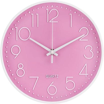 Wall Clock 10 Inch Non-Ticking Silent Modern Simple Style Round Decor Clock Pink Stereoscopic Dial Quartz Wall Clocks for Home/Office/School/Living Room/Bedroom/Kitchen