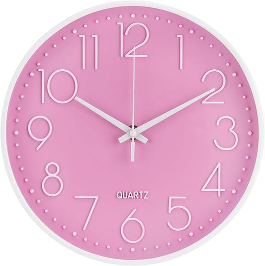 Wall Clock 10 Inch Non-Ticking Silent Modern Simple Style Round Decor Clock Pink Stereoscopic Dial Quartz Wall Clocks for Home/Office/School/Living Room/Bedroom/Kitchen