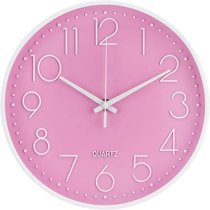 Wall Clock Non-Ticking Silent Modern Simple Style Round Decor Clock Stereoscopic Dial Quartz Wall Clocks for Home/Office/School/Living Room/Bedroom/Kitchen (Pink, 12inch)