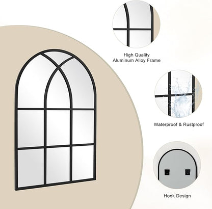 Arched Window pane Wall Mirror 30"x48", Window Shaped Farmhouse Style with Aluminum Frame, Decorative Wall Mirror Leaning Hanging for Living Room, Courtyard, Bedroom, Entryway, Black