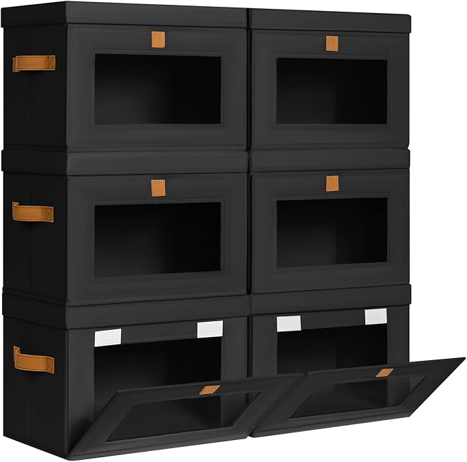 Homsorout Medium Fabric Storage Bins - Closet Shelf Organizer with Open Window, 6 Pack Closet Baskets for Shelves, Stackable Decorative Boxes for Home, Dorm, Black, 13.7" x 9.8” x 9.8"