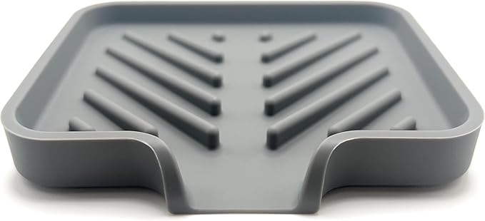 Happitasa Silicone Soap Dish Tray and Sponge Holder with Drain Chute and Feet | 3-Way Sloped Design | Bathroom and Kitchen Sink Organizer Caddy (Grey, 5"x4")