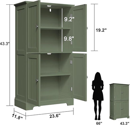ChooChoo Bathroom Floor Cabinet, Modern Bathroom Storage Cabinet with 4 Doors and Adjustable Shelves, Freestanding Cupboard for Living Room, Green